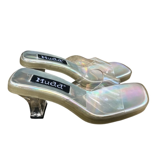 Mudd Vintage Y2K Clear Holographic Square Toe Chunky Kitten Heels Size 8 - Picture 5 of 9